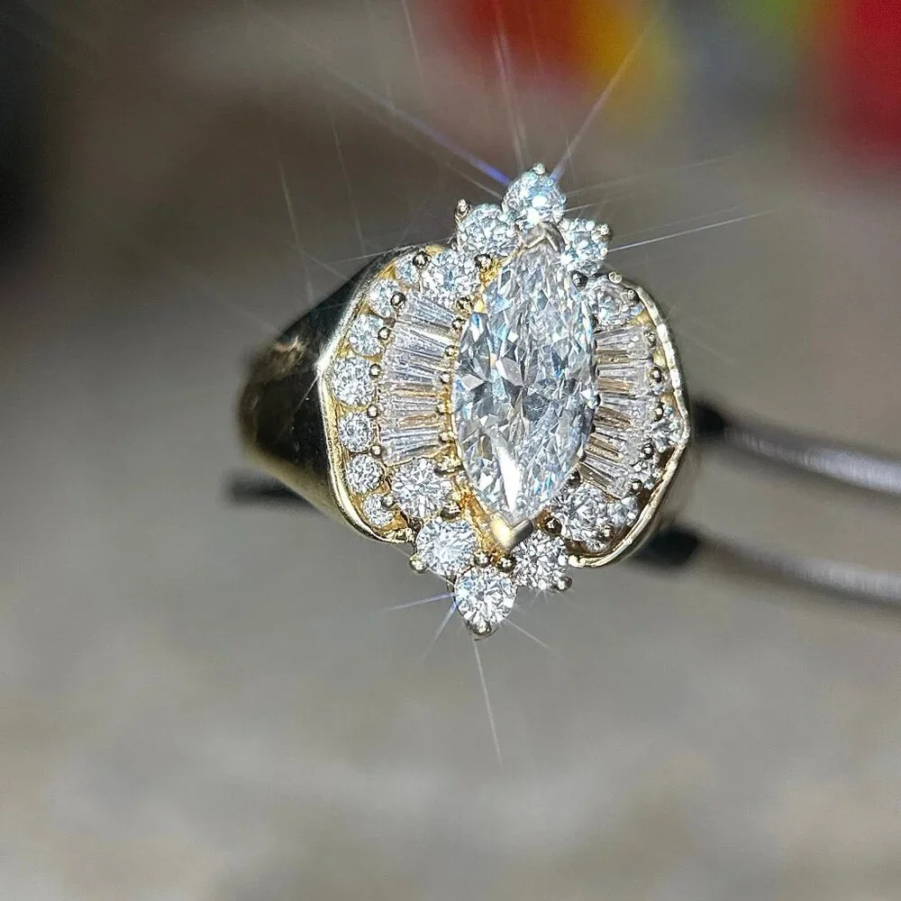 925 Gold Vermeil Large Marquis Cut‎ Center Gem Ring